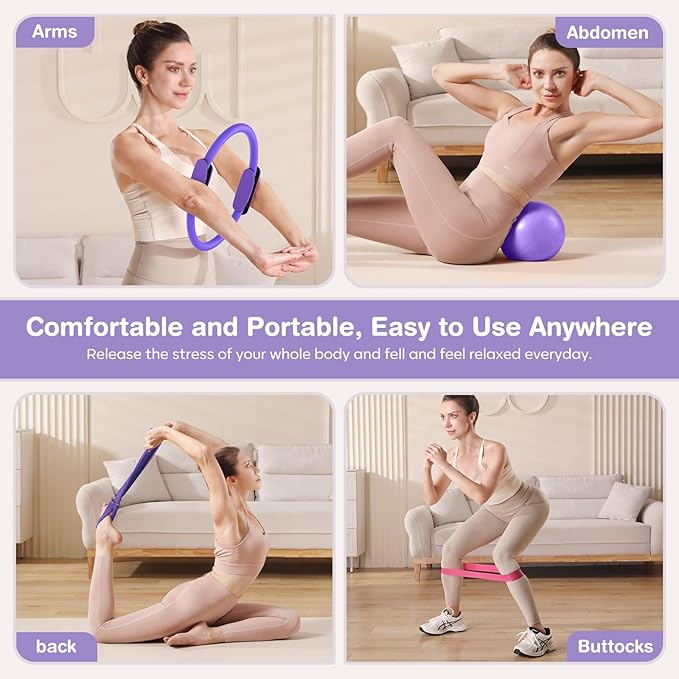 Pilates Kit 13Pcs Home Pilates Essentials Workout Kit with 13" Ring, 10" Ball and Resistance Bands for Women at Home Pilates Equipment Set for Beginners