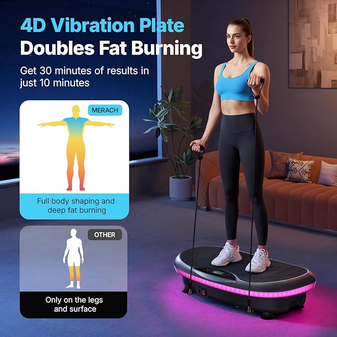 MERACH Vibration Plate Exercise Machine, 4D Whole Body Workout Vibrating Platform for Lymphatic Drainage Weight Loss Muscle Activation, Home Fitness Equipment with Bluetooth Light Pull Cord