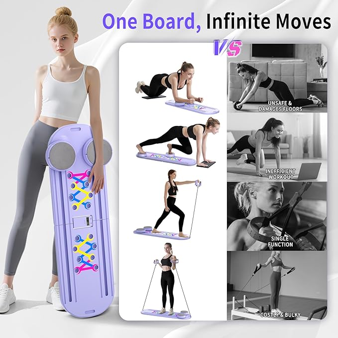 Pilates Board, Foldable Pilates Reformer Set for Home Workout with Timer, 6-in-1 Multifunctional Portable Reformer Pilates Machine at Home Pilates Equipment for Fitness, Exercise, Abs, Core Training