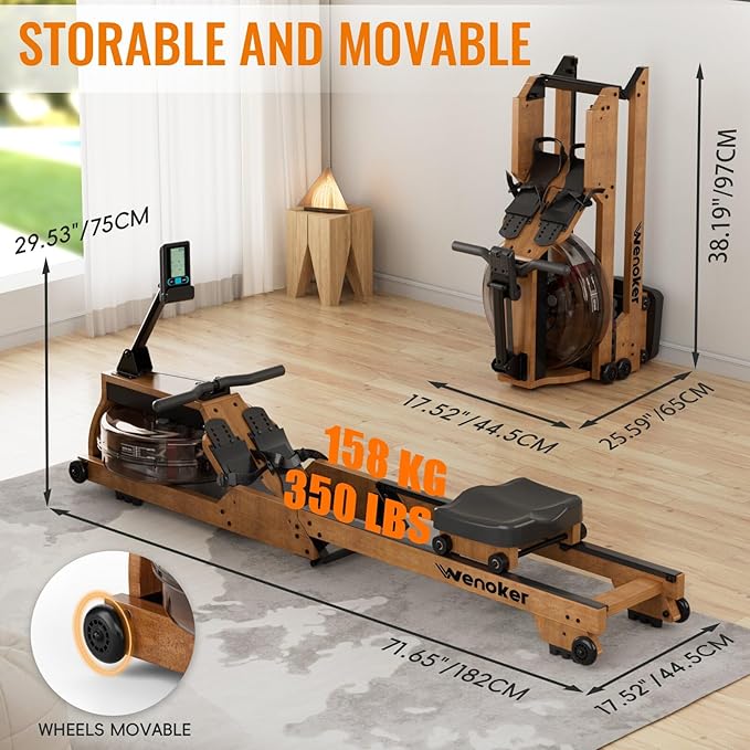 Water Rowing Machine for Home Use, WENOKER Wooden Foldable Rower Machine with Dedicated Monitor & Bluetooth APP, Large Water Tank & Comfortable Seat for Immersive Water Rower, 350LBS Weight Capacity