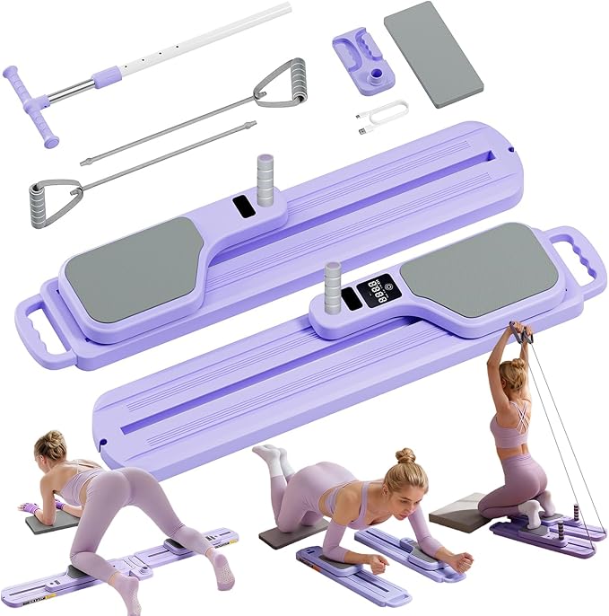 Pilates Board, Pilates Reformer, Portable Pilates Reformer, Pilates Board for Home Workout, 9 in 1 Foldable Pilates Equipment with Timer & Resistance Band, Fitness, Exercise, Ab, Core (Purple)