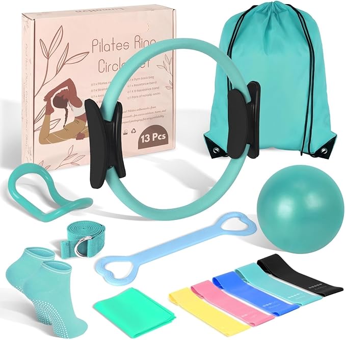 Home Pilates Essentials Kit for Women - Complete Pink Equipment Set with 9 Inch Yoga Ball, Figure 8 Resistance Band, Bands & Accessories, Ring for Beginners Workouts