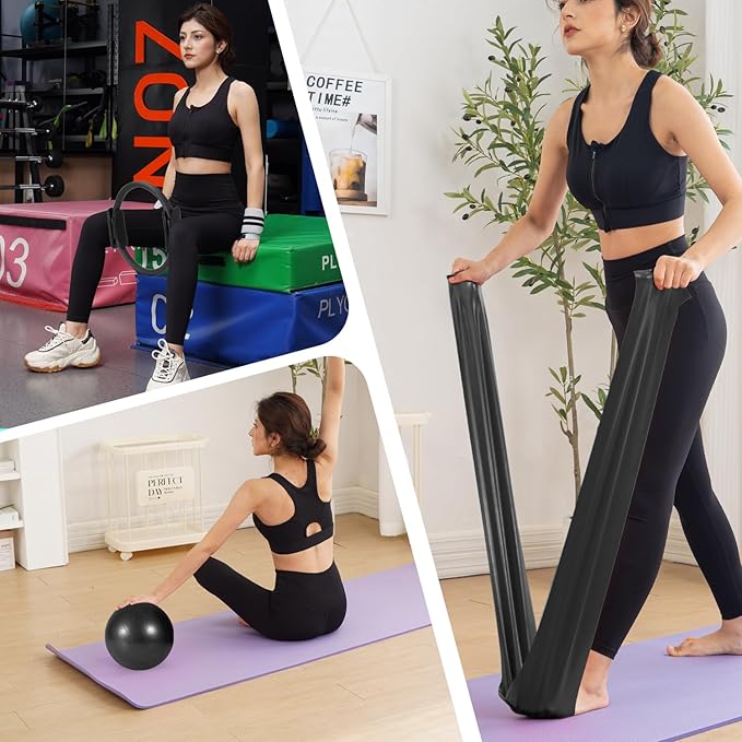 Tsikavo Pilates Ring, Pilates Ring Circle and Ball Set, 12 Inch Magic Circle Pilates Ring,9 Inch Small Exercise Ball,Resistance Bands Set, Home Pilates Equipment for Women