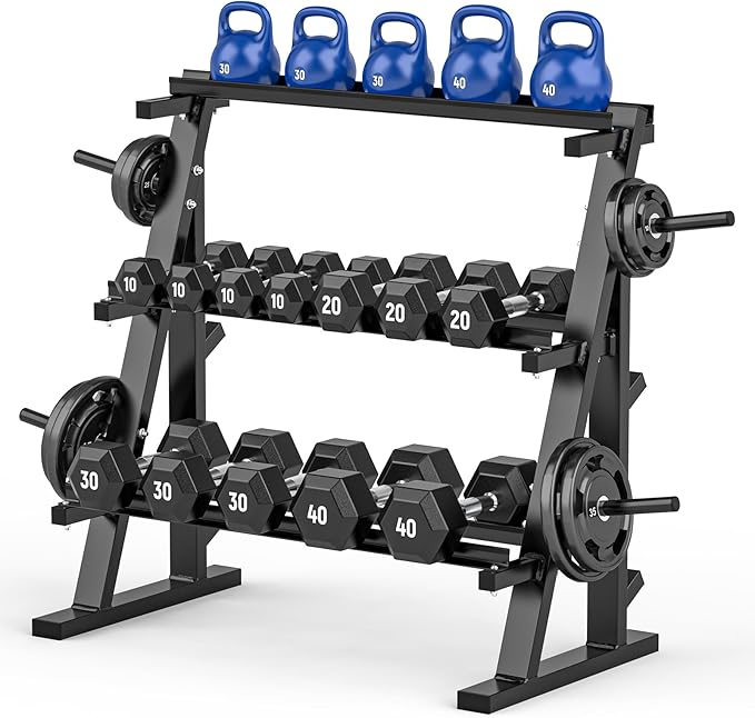 Adjustable Dumbbell Rack,3-Tier Dumbbell Rack with 1100 LBS Weight Capacity Accommodates Barbell Plates, Dumbbells and Kettlebells Space-Saving Weight Rack for Home Gym (Stand Only), Black