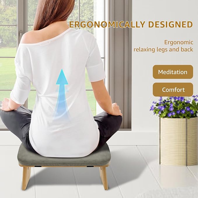 Meditation Bench, Ergonomic Design, Sustainable Bamboo with Folding Kneeling Meditation for The Perfect Posture Meditation Cushion, Meditation Stool, Prayer Bench, Meditation Chair, Yoga Stool (Grey)