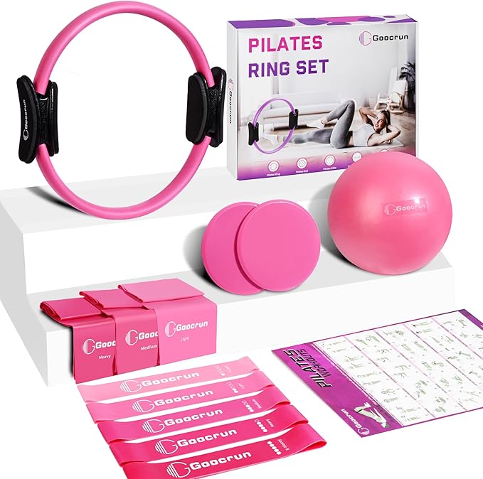 Pilates Ring Set Exercise Equipment, with Exercise Resistance Bands Set, Pilates Ball, Sliding Disks. Portable Home Gym - with Fitness Guide Poster