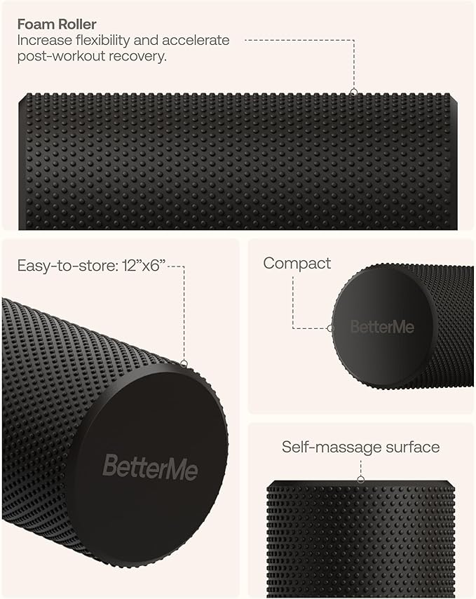 BetterMe Foam Roller for Muscle Recovery – High Density Exercise Roller for Back &Legs – Deep Tissue Massage Roller for Tension, Relief & Stretching (Black)