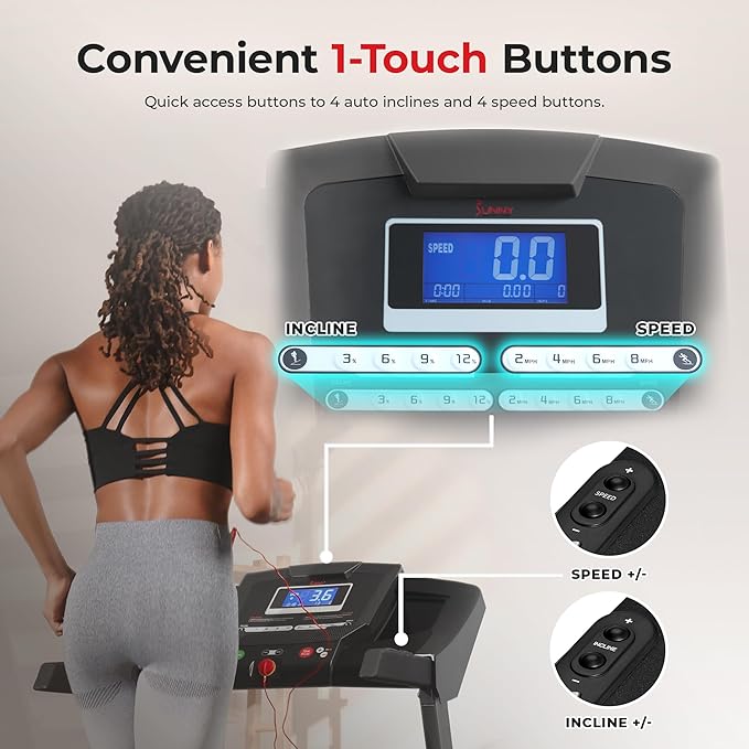 Sunny Health & Fitness Premium Smart Treadmill with Auto Incline, Dedicated Speed Buttons, Digital Performance Display
