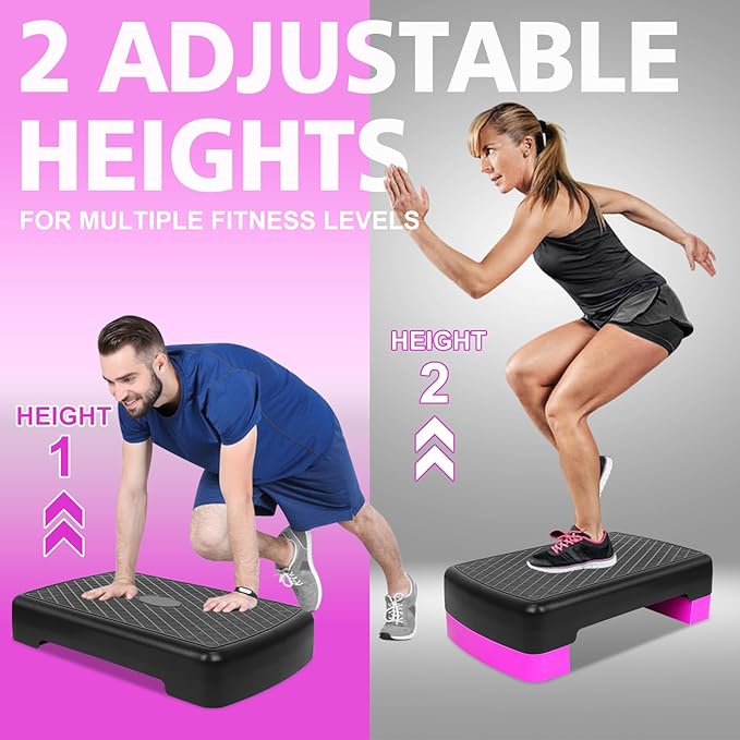 18'' Adjustable Aerobic Step Platform, Adjustable Fitness 4-6in Exercise Stepper Workout with 2 Risers, Aerobics Stepper Workout Stepper for Home Gym Cardio Strength & Training