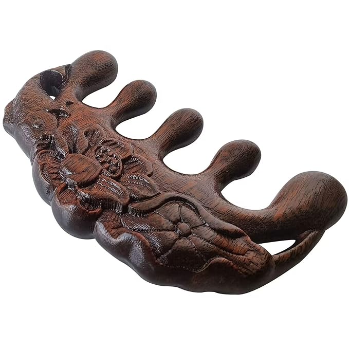 Wooden Massage Comb 100% Natural Handmade Pure wood Five-tooth Meridians Scalp Massager Comb No Static Wide Tooth Combs for Head Scalp Combs Meridians Scraping Massage Tool (Carving style)