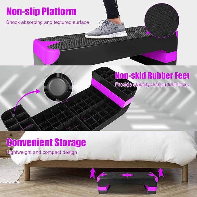 Exercise Workout Aerobic Step Platform Trainer, 27" Aerobic Stepper with 4"-6"-8" Adjustable Height Risers (Purple)