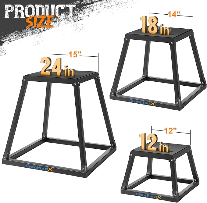 GanFindX Plyometric Jump Box Set, 12/18/24 Inch Steel Plyo Box, Heavy Duty Plyometric Platform with Anti Slip Surface, Fitness Exercise Step Up Box for Home Gym Training, Agility and Strength Conditioning