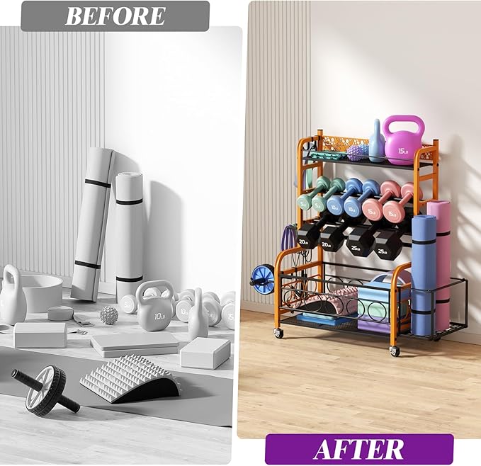 400LBS Dumbbell Rack, VOPEAK Adjustable Weight Rack for Home Gym, Home Gym Storage Rack for Yoga Mat Kettlebells and Strength Training Equipment, Weight Storage Rack for Dumbbells with Wheels