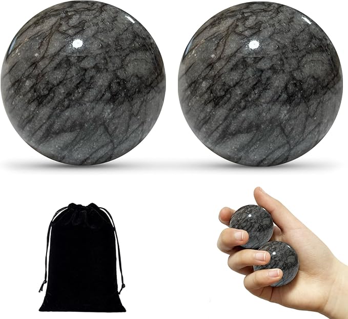 Hand Therapy Balls for Stress Relief,Baoding Balls for Women & Men,Marble Chinese Massage Ball Set for Hand Exercise,Arthritis,Brain Stress Relief,2 Pack with Storage Bag (1.38inch Dark Grey)