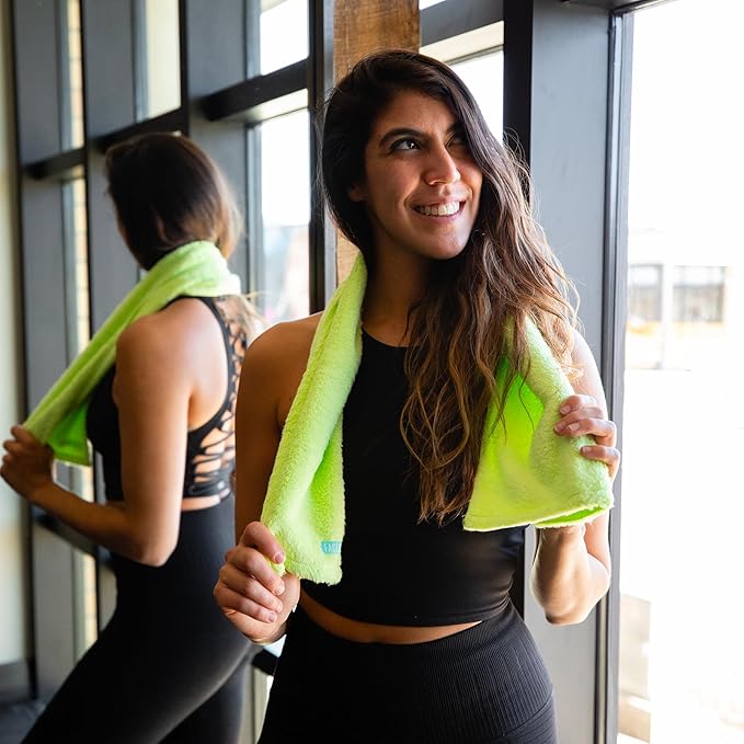 FaceSoft Eco Friendly Gym Towel for Working Out - Soft and Absorbent Cotton Exercise Towel - No Synthetic Microfibers or Plastics - Sweat Towel for Gym, Fitness, Sports, Yoga - Neon - 1 Pc