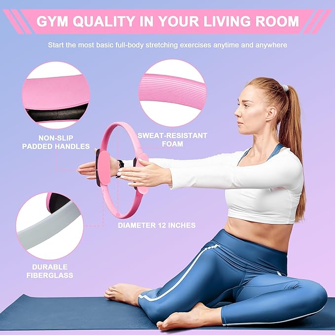 18-Piece Home Pilates Essentials Kit for Women - Complete Workout Equipment Set with Resistance Band, Yoga Ball, Ring, and Anti-Slip Socks (Pink)