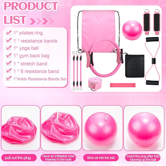 Pilates Ring Circle Set 15 Pcs Exercise Equipment Accessories for Women Workouts Pilates Ball Stretching Strap Gym Backpack Resistance Band Arm Stretcher for Training Body Shape