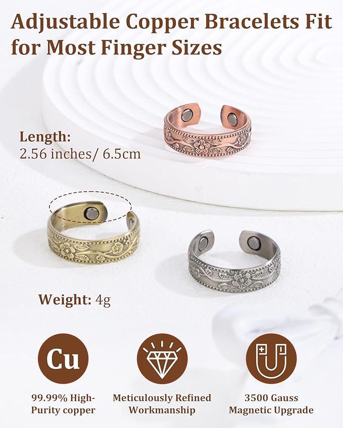 BioMag Magnetic Lymphatic Drainage Ring Set, 3 Pcs 99.99% Pure Copper Rings for Women with 3500 Gauss Magnets, Adjustable Size, Floral Branch and Leaf Pattern