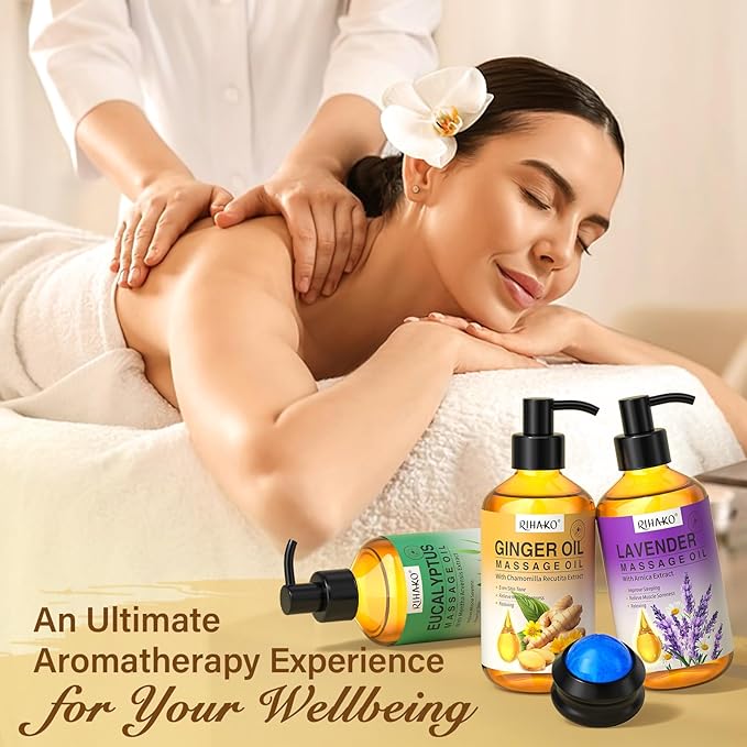 Valentine 's Day Gift for Women 3 Pack Massage Oil for Massage Therapy,Ginger for Lymphatic Drainage, Lavender for Relaxation, Eucalyptus Mint for Muscle Relief | Massage Therapy & Date Night Spa Gift