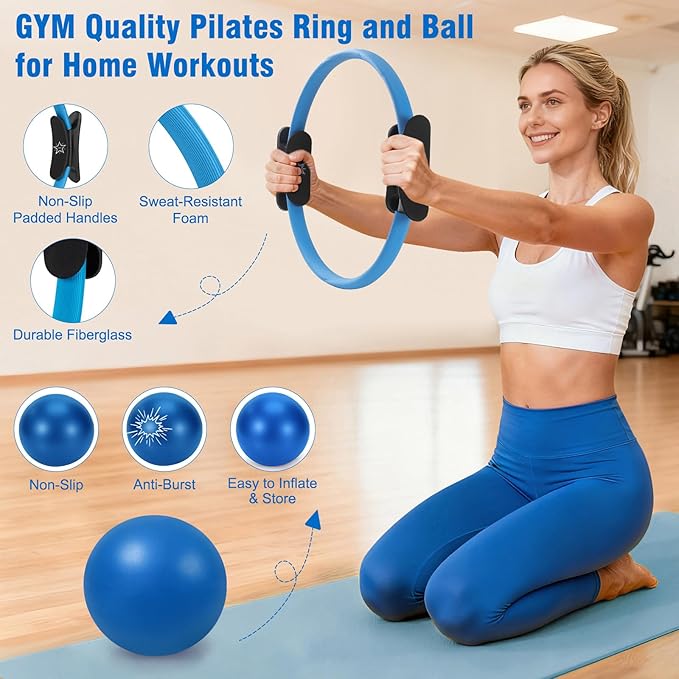 Pilates Equipment Kit for Home Workout, Pilates Ring and Ball Set for Women, 14'' Magic Circle Essentials Accessories Kit, Wrist Weights, Resistance Bands, Yoga Strap, Socks, Bag