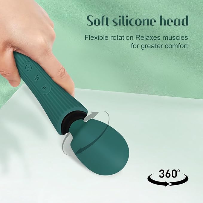Handheld Personal Portable Cordless Waterproof Rechargeable Massager - 12 Modes 3 Speeds, Quiet Function & Soft Silicone for Neck, Shoulder, Back Pain Relief - Rose Green