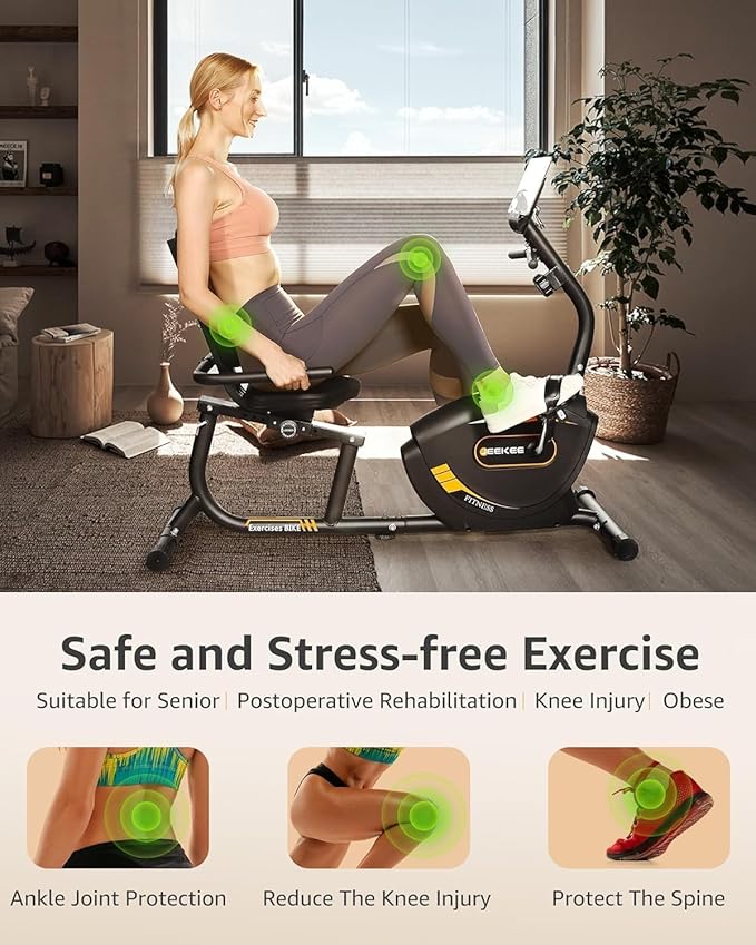JEEKEE Recumbent Exercise Bike for Seniors,Stationary Bikes for Home, 400LB Capacity & 16 Levels Magnetic Resistance, Heart Rate Handle