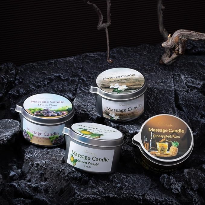 Massage Candle for Home SPA, 4 Pack Scented Soybean Massage Oil Candles Low Temp, Amazing Gift Set 13.4OZ (Scents: Mystic Plum, Amber Vanilla, Lemon Wasabi, Pineapple&Rum)