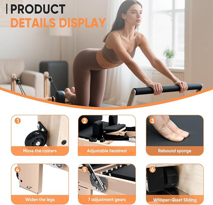 Professional Pilates Reformer Machine for Home – Full-Body Workout Reformer with Jumpboard, Box & Foot Straps – Smooth Glide System, Adjustable Resistance, Solid Wood Frame