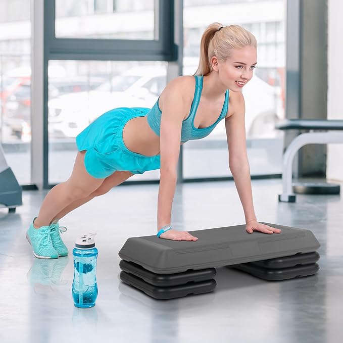 F2C 28.5" Aerobics Platform for Total Body Fitness 4" - 6" - 8" Height Adjustable with 4 Risers Home Workout Exercise Stepper Black/Gray