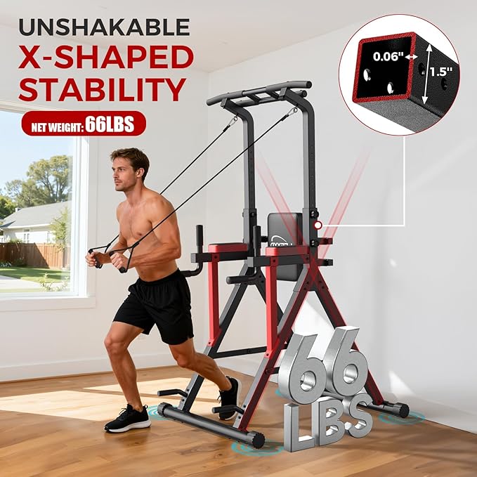 Power Tower Pull Up Bar Free Standing, 13-Level Adjustable Height Dip Station with X-Frame Stability, Multi-Grip Handles, Backrest, Anti-Slip Foot Pads, Home Gym Strength Training Equipment 400LBS