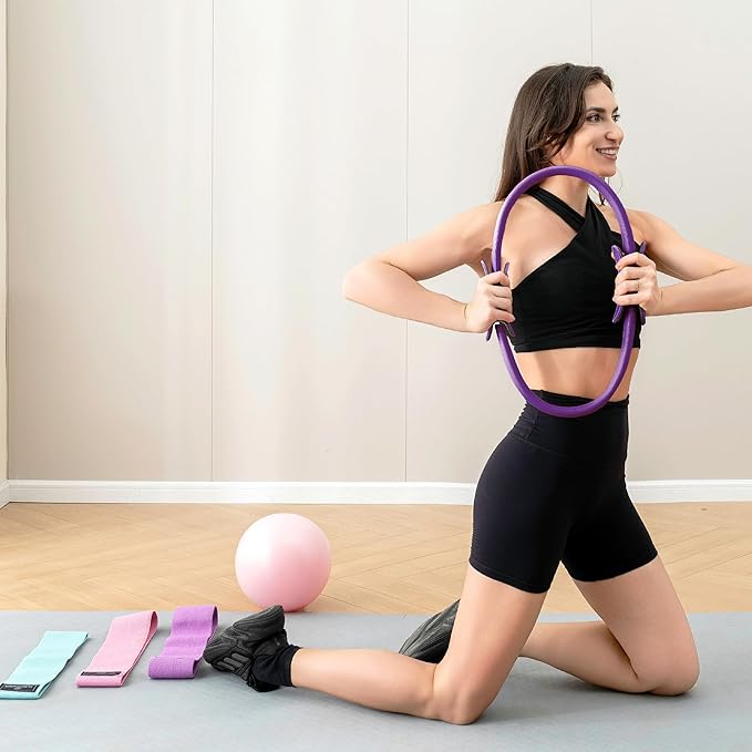 Pilates Ring Kit with Mini Ball & 3 Resistance Bands, at Home Pilates Equipment Set for Toning, Strength & Core Work, 15'' Magic Circle & 3-Level Bands