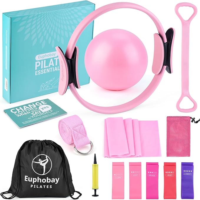 Pilates Essentials Kit for Women, Home Workout Pilates Kit with Ring, Mini Ball, Resistance Bands, Yoga Strap & More | Beginner Pilates Starter Kit for Toning, Strength & Flexibility