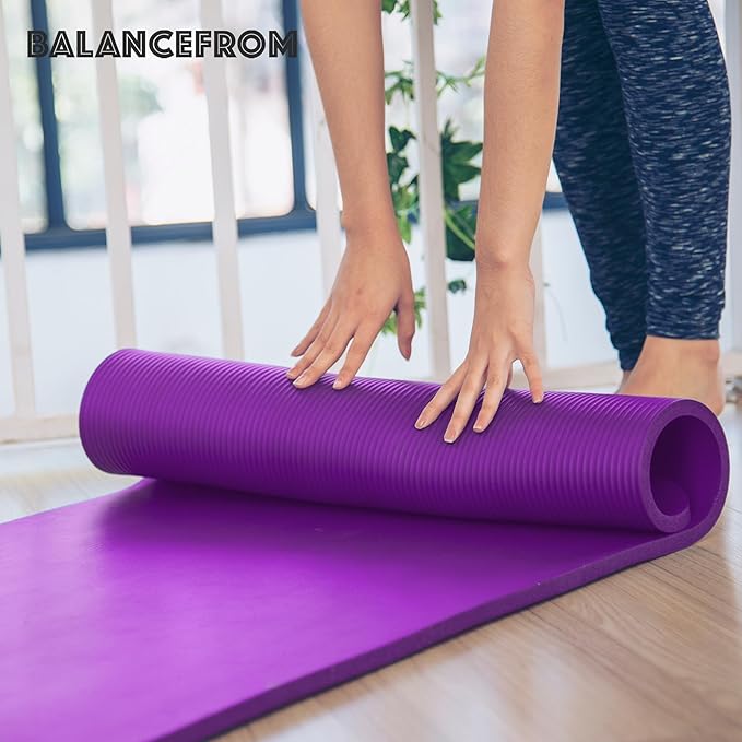 BalanceFrom 71x24 Inches Extra Thick Yoga Mat 1-Inch High-Density Foam – Roll-Up Exercise Pad with Double-Sided Non-Slip Surface and Carrying Strap for Pilates and Home Workouts, Multiple Colors