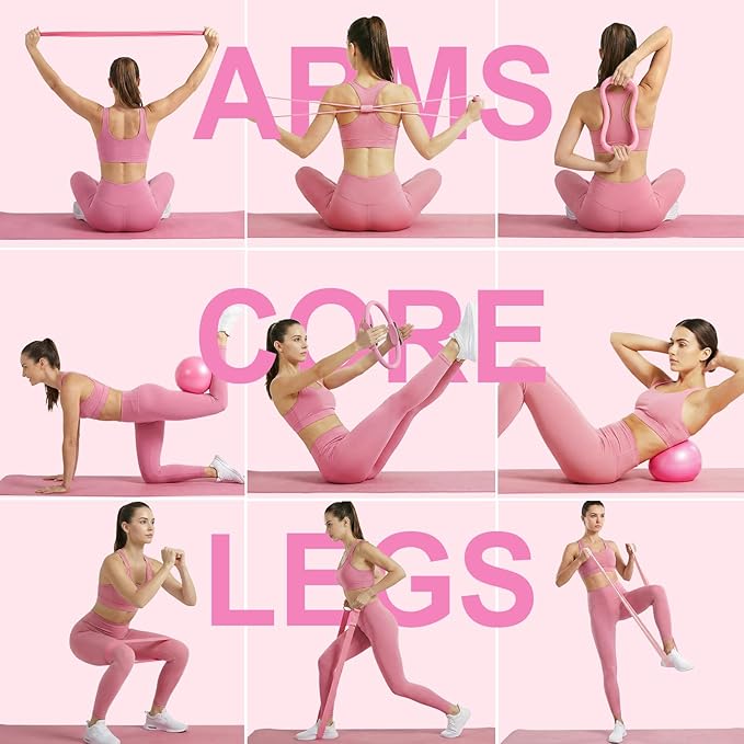 Home Pilates Ring and Ball Set for Women with 5 Resistance Bands 13 inch Magic Circle Workout Starter Kit for Beginners Full Body Toning 15 Min Daily Routine