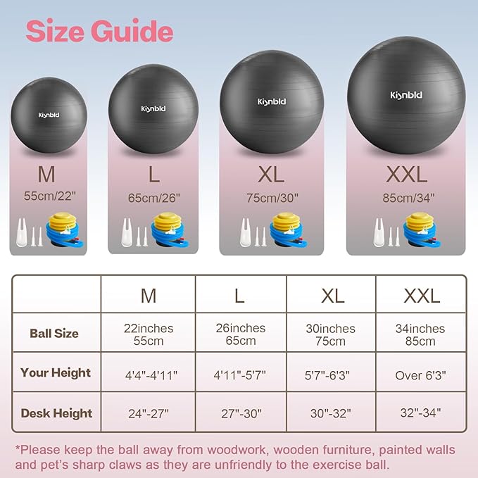 Exercise Ball, Extra Thick Yoga Ball for Workout Pregnancy Stability, 4 Sizes Anti-Burst Balance Ball with Foot Pump - Heavy Duty Fitness Ball Chair for Office, Home & Gym