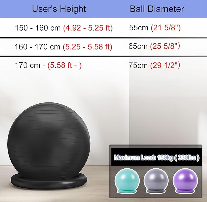 Yoga Ball Chair Office Ball Chair with Base & Pump, Stability Yoga Ball Seat for Back Pain Relief, Home Gym Exercise Ball Chair for Core Strength Training ( Color : Light Gray , Size : Diameter 75cm (