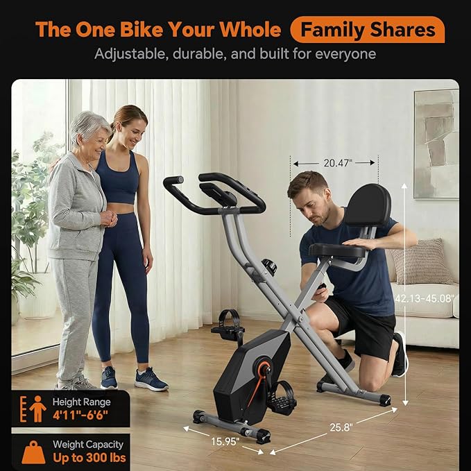 Foldable Exercise Bike Stationary Bikes for Home, 5 IN 1 Indoor Workout Bike, Cycling Bike with 16-Level Quiet Magnetic Resistance, 6.6 LBS Flywheel and 300LBS Capacity for Senior and Home Workout
