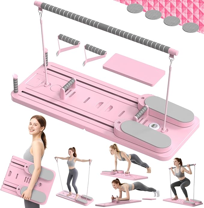 Multifunctional Pilates Board, Pilates Reformer Sets 7-in-1 Foldable Pilates Reformer Machine for Home Workout with Timer, Phone Holder, Push-up Bar, Ab Board, 330LBS Capacity Portable Set