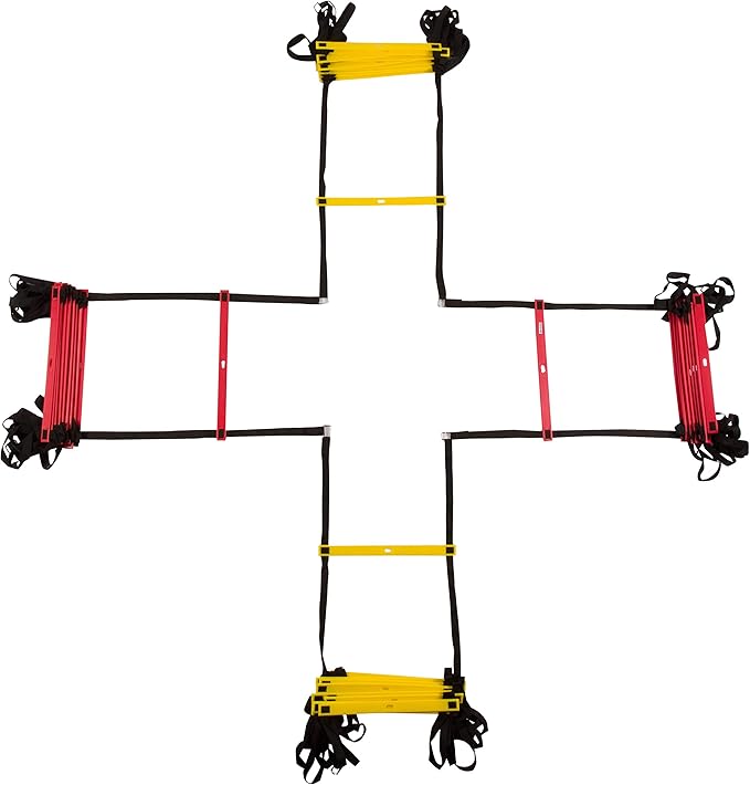 Trademark Innovations Agility Quad Ladder - 12 Adjustable Rungs on Four Training Ladders (Red and Yellow)