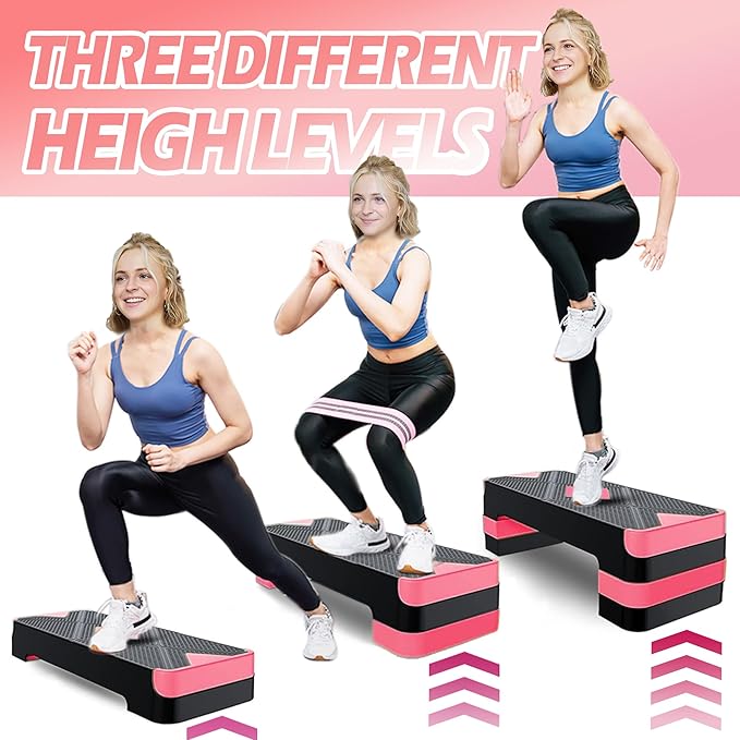 Adjustable Aerobic Exercise Step- Workout Step Platform, 26.5" Step Deck with 4", 6", 8" Height Risers, Women's Home Gym Fitness