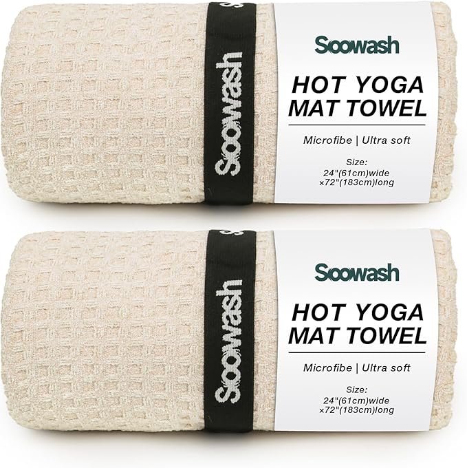 Hot Yoga Towel,Microfiber Yoga Mat Towels Non Slip for Hot Yoga Absorbent Microfiber Sweat Anti-Slip Cover,Bikram,Pilates,Exercise,Fitness 24 inch X 72 inch Beige 2 Pack