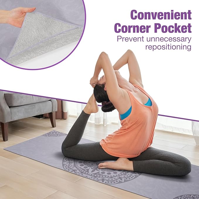 MoKo Hot Yoga Towel, Non-Slip Yoga Mat Towel with Grip Dots, 74.4"×27.3" Yoga Mat Cover for Pilates, Fitness, Meditation, Swimming Pool, Beach, Travel Yoga Mat with Corner Pockets