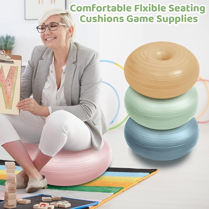 Lewtemi 4 Pcs Flexible Seating for Classroom Elementary 20 Inch Yoga Ball Chair Inflatable Donut Ball Chair with Inflator for Kids Student Sensory Balance Office Exercise