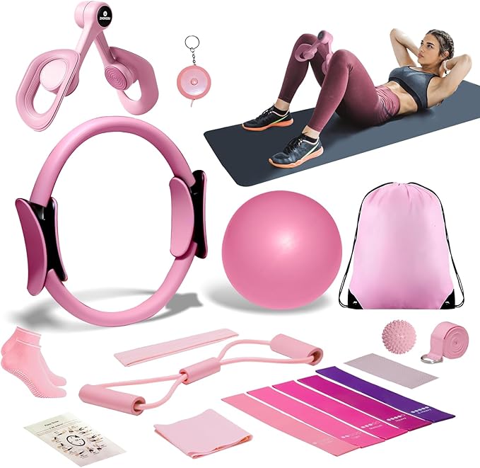 Pilates Ball and Ring Set for Women, At Home Pilates Kit with Thigh Master, 5 level Resistance Bands, Yoga Ball & Muscle Massage Ball, 18 Pcs Pilates Essential Kit for Toning Fitness Workout Equipment