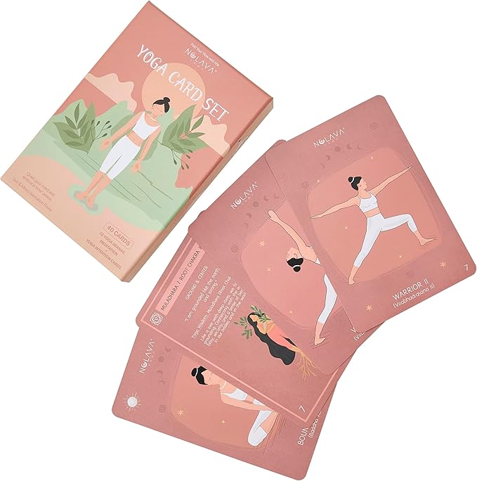 NOLAVA Yoga Card Gift Set – Large 4"x6" Yoga Cards with 30 Poses, 10 Intentions, Sun/Moon Flows & Guided Meditation – Sweat-Proof, Wipe-Clean Deck with English + Sanskrit – Perfect Yoga Gift for Women