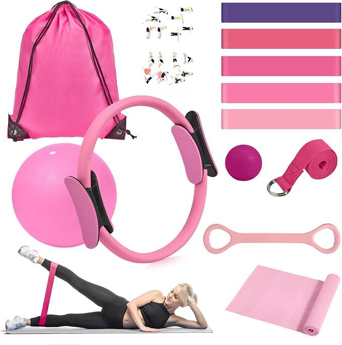 HASHMUST Pilates Ring Kit 12 PCS for Women, Home Workout Equipment with Magic Circle, Mini Exercise Ball, Resistance Bands, Massage Lacrosse, Yoga Strap, Full-Body Fitness Set for Toning & Gift