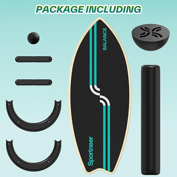 Sportneer Balance Board Upgrade – 8-in-1 Wooden Wobble Board with Roller, Rubber Ball & Half Ball, Balance Trainer for Adults, Core Strength & Physical Therapy Equipment 450 LBS
