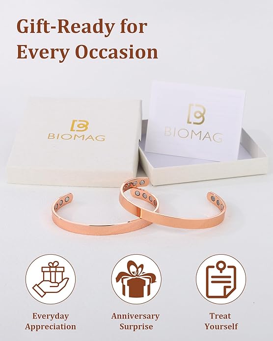BioMag 2Pcs 99.99% Copper Bracelet for Women, Adjustable Magnetic Bracelets Bangle Cuff with 3500 Gauss Magnets, Jewelry Gift