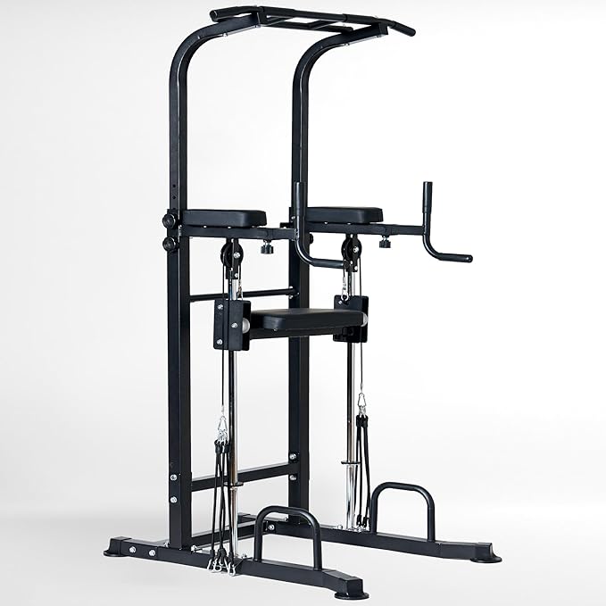 Dland Power Tower Dip Station Pull Up Bar Exercise Tower, Multi-Function Adjustable Training Equipment for Home Gym, Strength Training Workout Equipment, Black