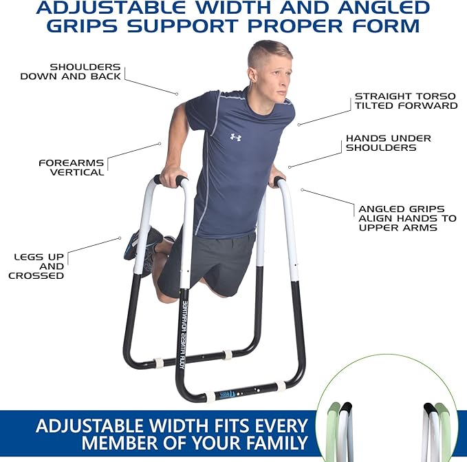 Ultimate Body Press Dip Bar Fitness Station - Adjustable Width Folding Dip Stand with Angled Grips, Stable Leveling and Easy Storage